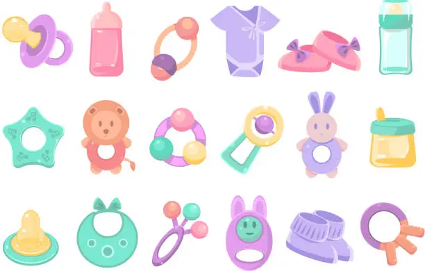 Vector illustration of Toys and accessories for baby sett, newborn infant care, feeding and clothing vector Illustrations on a white background