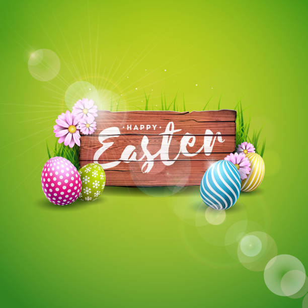Vector Illustration of Happy Easter Holiday with Painted Egg and Flower on Green Nature Background. International Celebration Design with Typography for Greeting Card, Party Invitation or Promo Banner. vector art illustration