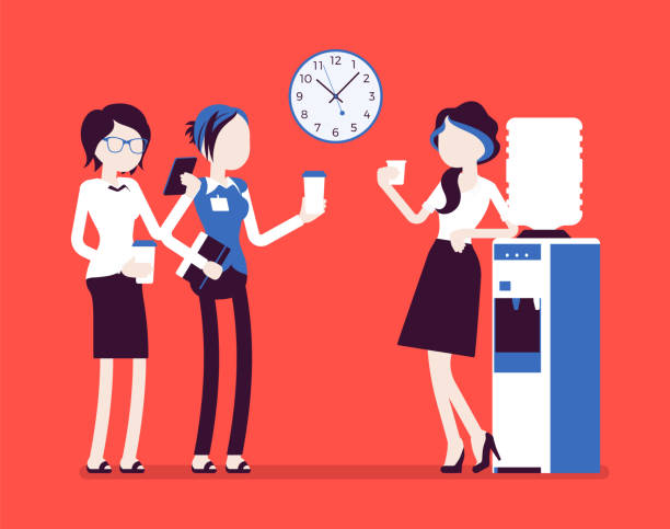 Female office cooler chat Office cooler chat. Young female workers having informal conversation around a watercooler at workplace, colleagues refreshing during a break. Vector illustration with faceless characters water cooler stock illustrations