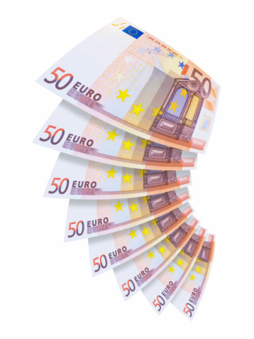 Fifty Euro note isolated on white with clipping path.  Very sharp and detailed.