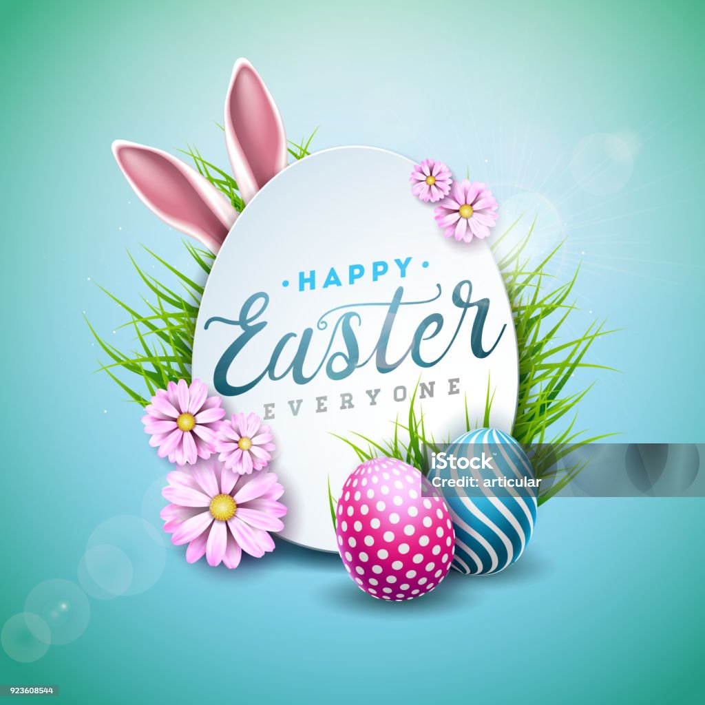 Vector Illustration of Happy Easter Holiday with Painted Egg, Rabbit Ears and Flower on Shiny Blue Background. International Celebration Design with Typography for Greeting Card, Party Invitation or Promo Banner. Vector Illustration of Happy Easter Holiday with Painted Egg, Rabbit Ears and Flower on Shiny Blue Background. International Celebration Design with Typography for Greeting Card, Party Invitation or Promo Banner Easter stock vector