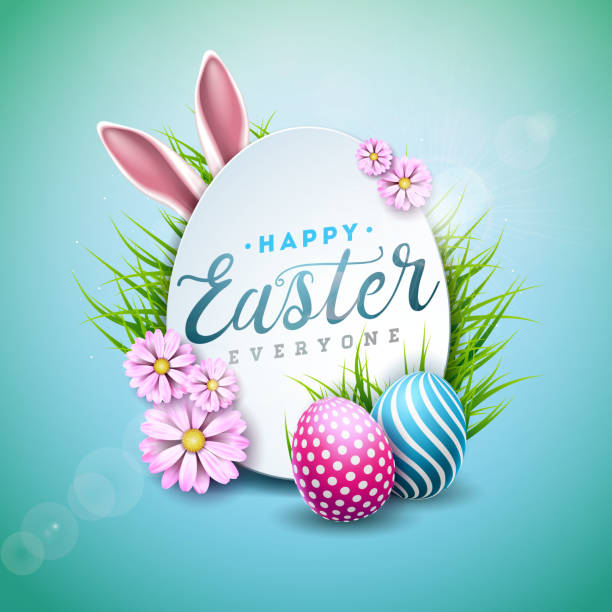 Vector Illustration of Happy Easter Holiday with Painted Egg, Rabbit Ears and Flower on Shiny Blue Background. International Celebration Design with Typography for Greeting Card, Party Invitation or Promo Banner. vector art illustration