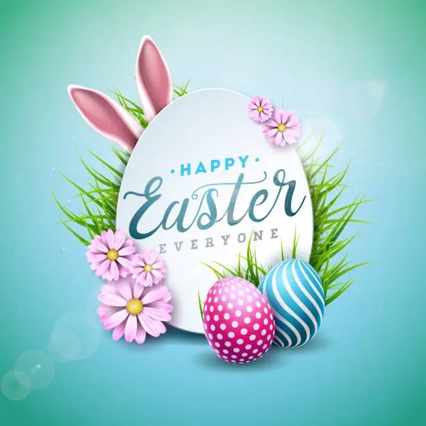 Vector illustration of Vector Illustration of Happy Easter Holiday with Painted Egg, Rabbit Ears and Flower on Shiny Blue Background. International Celebration Design with Typography for Greeting Card, Party Invitation or Promo Banner.