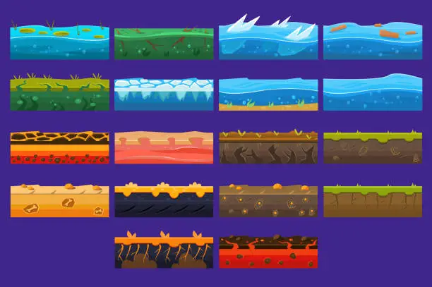 Vector illustration of Landscape elements sett, ground collection, surfaces for computer games vector Illustrations