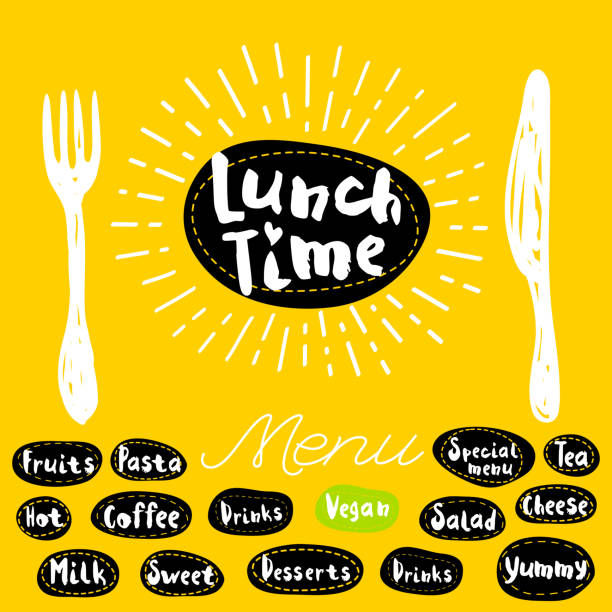 Lunch time logo Lunch time fork knife menu. Lettering calligraphy logo sketch style light rays heart, pasta, vegan, tea, coffee, deserts, yummy, milk, salad. Hand drawn vector illustration time drawings stock illustrations