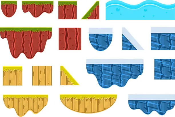 Vector illustration of Different surfaces sett, texture of ground, water, ice and wood vector Illustrations on a white background