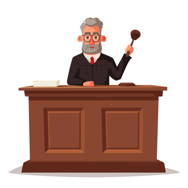 Judge character with hammer. Cartoon vector illustration Judge character with hammer. Cartoon vector illustration. Juistice concept.Law judicial legal proceedings in courthouse lawyer cartoon stock illustrations
