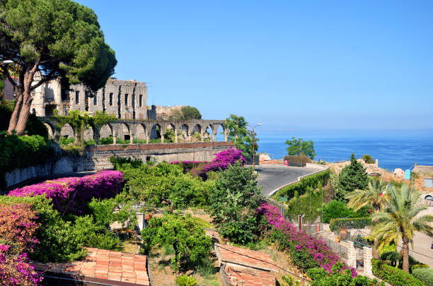 Taormina, Sicily Taormina town with Mediterranean Sea on background mt etna stock pictures, royalty-free photos & images