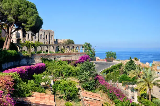 Taormina town with Mediterranean Sea on background