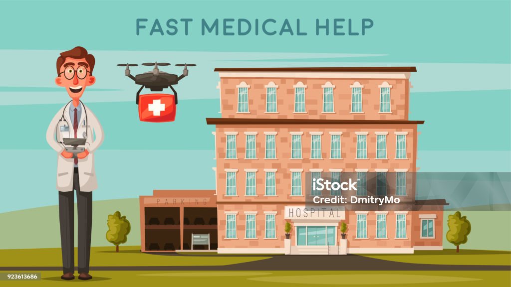 Intelligente Arzt mit Drohne. Modernes Krankenhaus. Cartoon-Vektor-illustration - Lizenzfrei Architektur Vektorgrafik