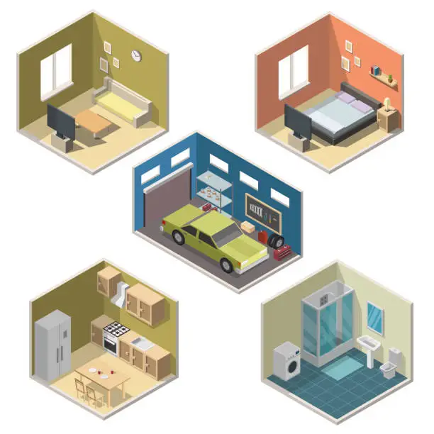 Vector illustration of Isometric interior vector illustration modern set of bathroom, kitchen, living room, bedroom, garage.