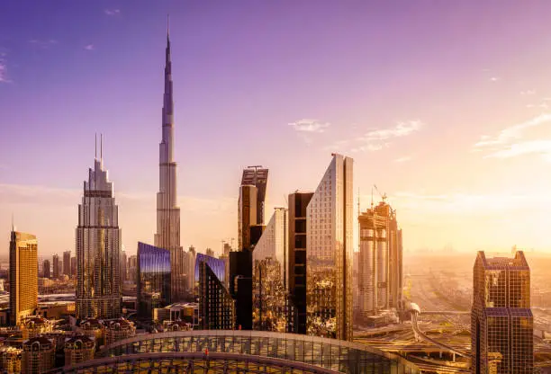 View of Dubai downtown skyline at sunset