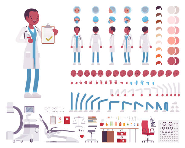 화이트 클리닉 유니폼 캐릭터 생성에서 남성 의사 설정 - doctor vector radiologist characters stock illustrations