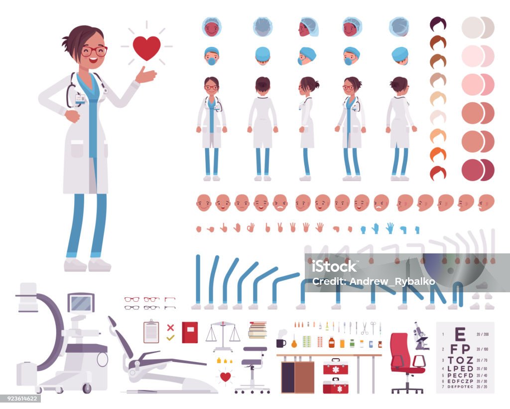 Female doctor in white clinic uniform character creation set Female doctor, clinic uniform character creation set. Full length, different views, emotions, gestures. Medicine, healthcare concept. Build your own design. Cartoon flat-style infographic illustration Doctor stock vector