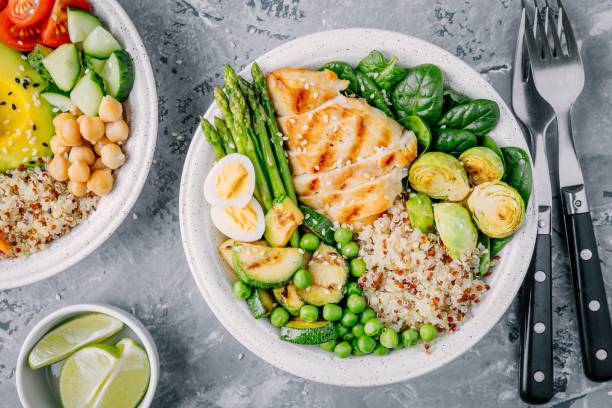 istock Healthy grilled vegetables buddha bowl with chicken and quinoa, spinach, egg, zucchini, asparagus, Brussels sprouts and green peas 923619066