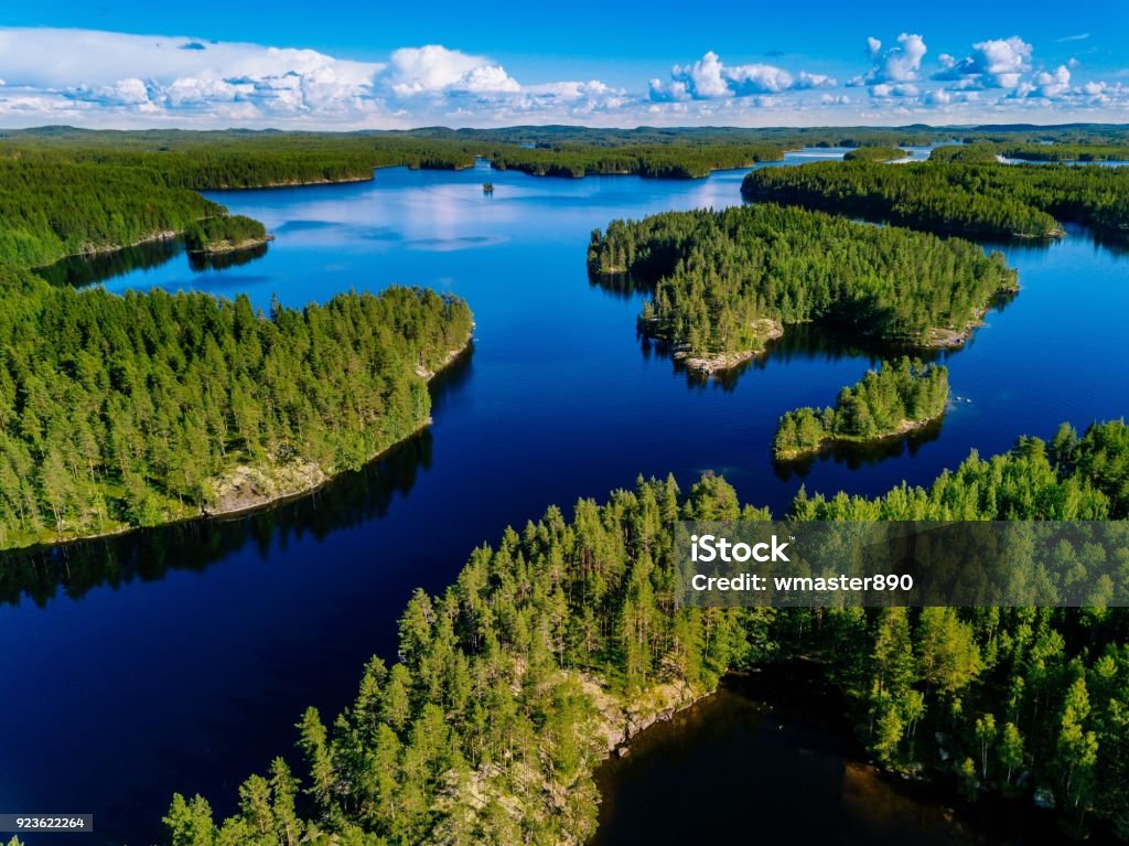 Aerial view of blue lakes and green forests on a sunny summer day in Finland. Aerial view of blue lakes and green forests on a sunny summer day in Finland. drone photography Lake Stock Photo