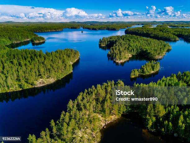 Aerial View Of Blue Lakes And Green Forests On A Sunny Summer Day In Finland Stock Photo - Download Image Now