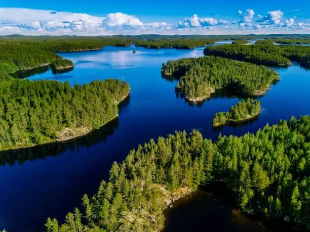 Aerial view of blue lakes and green forests on a sunny summer day in Finland. drone photography