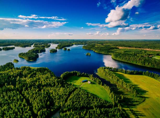 aerial view of blue lakes and green forests on a sunny summer day in finland. - coastline aerial view forest pond imagens e fotografias de stock