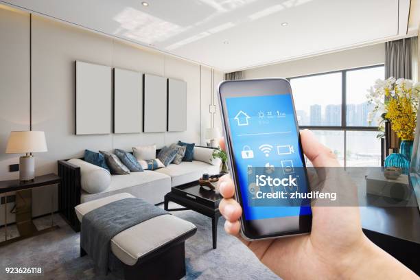 Smart Home System On Mobile Phone With Background Stock Photo - Download Image Now - Home Automation, Domestic Life, Technology