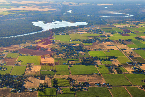 Australia, aerial view over agricultural landscape along Murray river around Mildura