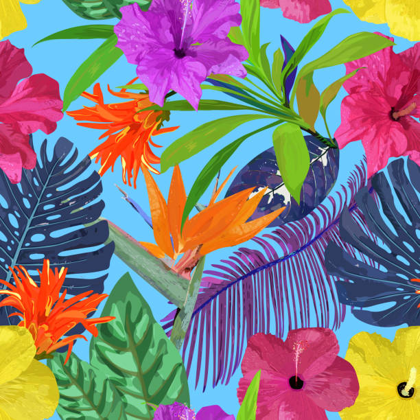 Floral seamless pattern. Background with isolated colorful hand Floral seamless pattern. Background with isolated colorful hand drawn tropical flowers and leaves. Design for invitation, prints and cards. Vector illustration. areca palm tree stock illustrations