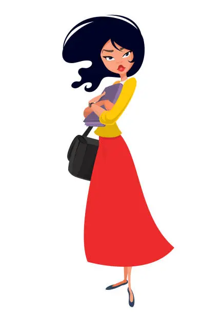 Vector illustration of Cartoon model woman. Vector illustration of woman in red casual dress and yellow shirt.