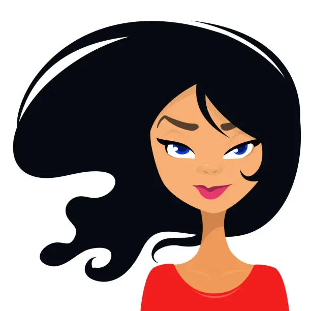 Vector illustration of Cartoon girl face portrait with curly black haircut . Cartoon girl face avatar. Vector illustration