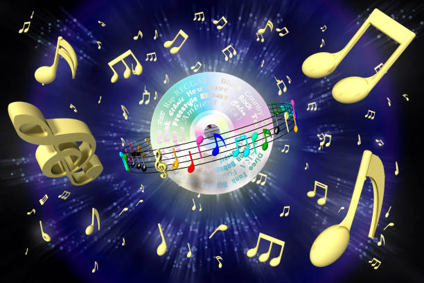 fondo de universo de la música de disco compacto - 3d ilustración - musical staff music piano blue fotografías e imágenes de stock