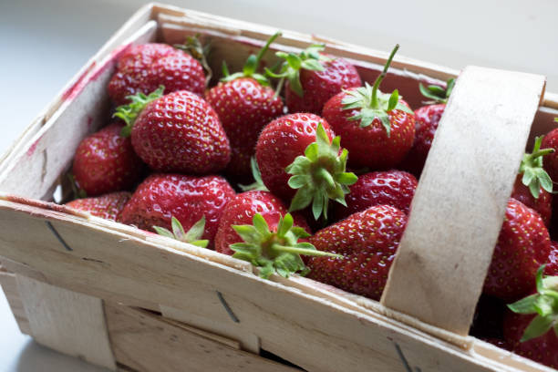 Organic Strawberries in Wooden Basket stock photo