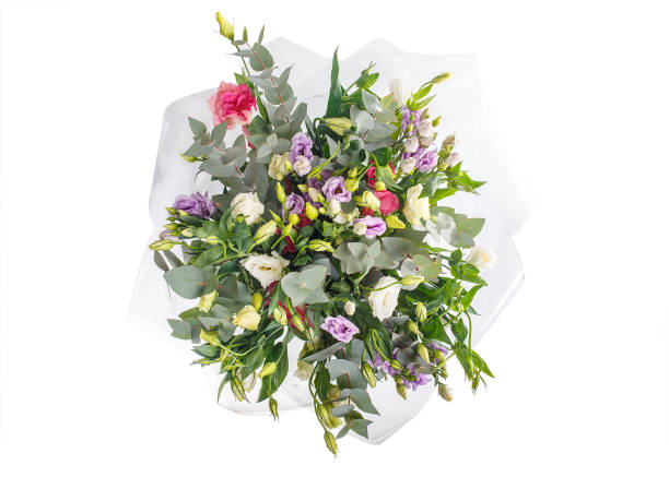 Bouquet of eustomess and eucalyptus stock photo