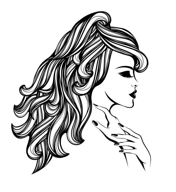 Beauty and hair salon vector icon.Beautiful woman with long, wavy hair and elegant makeup and manicure. Profile portrait of a young girl with elegant hairstyle, closed eyes, big eyelashes and nail polish on her fingernails. hand-with-long-nails stock illustrations