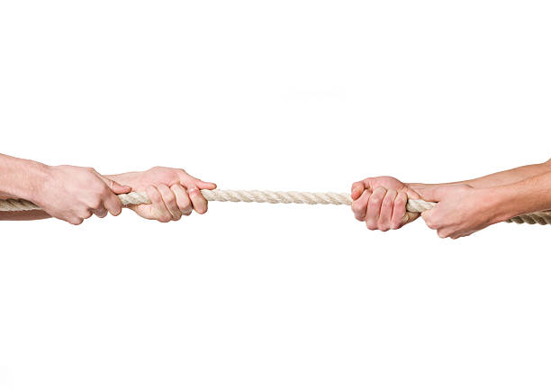 Two sets of hands tugging on a rope stock photo