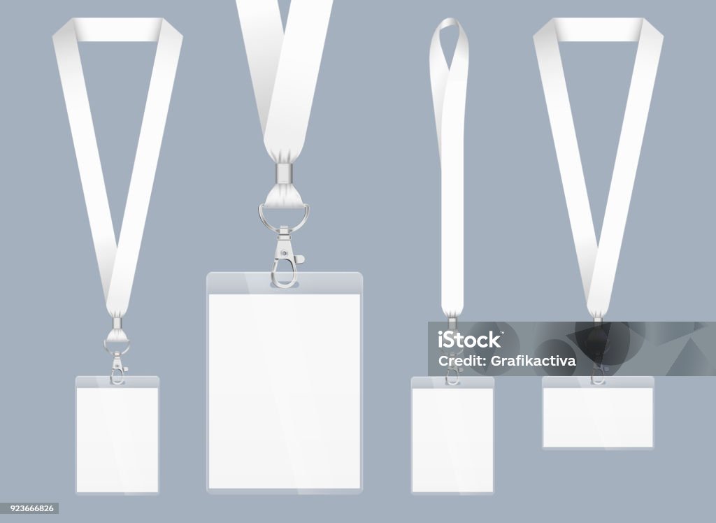 Lanyard design, realistic illustration. Identification card with ribbon. Metal closure and card with plastic. Accreditation for events, meetings, fairs, congresses and companies. Lanyard design, realistic illustration. Identification card with ribbon. Metal closure and card with plastic. Accreditation for events, meetings, fairs, congresses and companies. Vector. Isolated. Lanyard stock vector