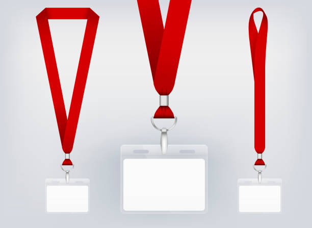 Lanyard design, realistic illustration. Identification card with ribbon. Metal closure and card with plastic. Accreditation for events, meetings, fairs, congresses and companies. Lanyard design, realistic illustration. Identification card with ribbon. Metal closure and card with plastic. Accreditation for events, meetings, fairs, congresses and companies. Vector. Isolated. clothing hang tags stock illustrations