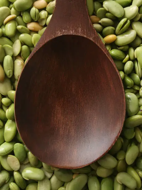 Photo of Empty wooden spoon over soaked black soybeans