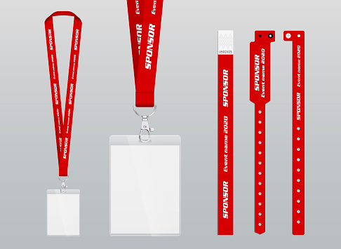 Vector illustration of lanyard and bracelets for identification and access to events. Security and control elements. Lanyards and bracelets with place for sponsor and name of the event.