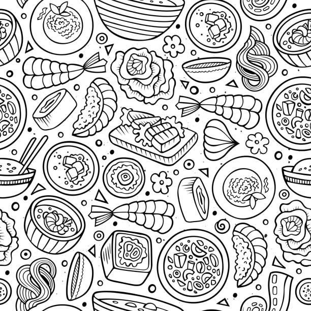 ilustraciones, imágenes clip art, dibujos animados e iconos de stock de dibujos animados lindo mano dibujado patrones sin fisuras de la comida de japón - comida japonesa
