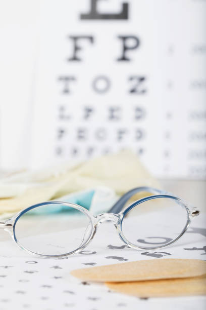 istock Eyeglasses for children on a eye chart close to eye pads. 923675384