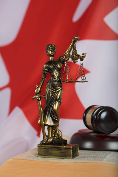statua di temi e martello del giudice su un libro. - canadian flag flag trial justice foto e immagini stock