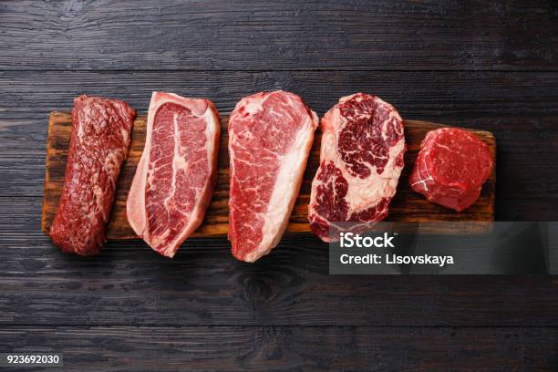 Variety Of Raw Black Angus Prime Meat Steaks Stock Photo - Download Image Now - Meat, Steak, Beef