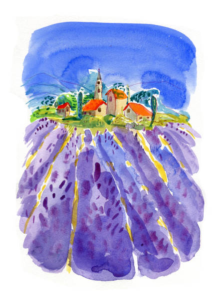 Provence watercolor landscape illustration. Provence watercolor landscape illustration wit lavender field. france village blue sky stock illustrations