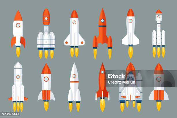 Space Rocket Start Up Launch Symbol Innovation Development Technology Flat Design Icons Set Template Vector Illustration Stock Illustration - Download Image Now