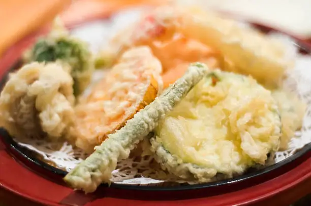 delicious Japanese vegetable tempura - deep fried, breaded vegetables