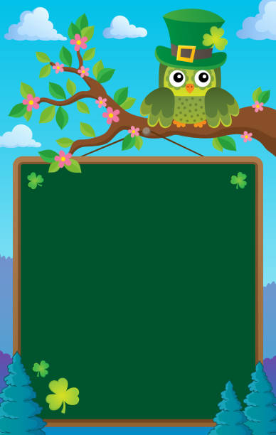 ilustrações de stock, clip art, desenhos animados e ícones de st patricks day theme board with owl - owl clover