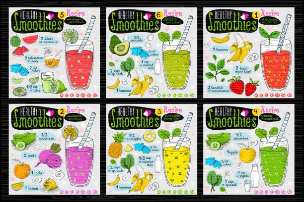 Vector illustration of Healthy smoothie receipes set. Hand drawn vector illustration sketch style. Fruits, vegetables, juice.