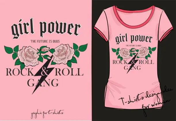 Vector illustration of Vector fashion illustration of brutal lettering in grunge rock and roll retro style girl power, the future is ours with embroidery, badges, chevron roses, gothic, heavy metal music