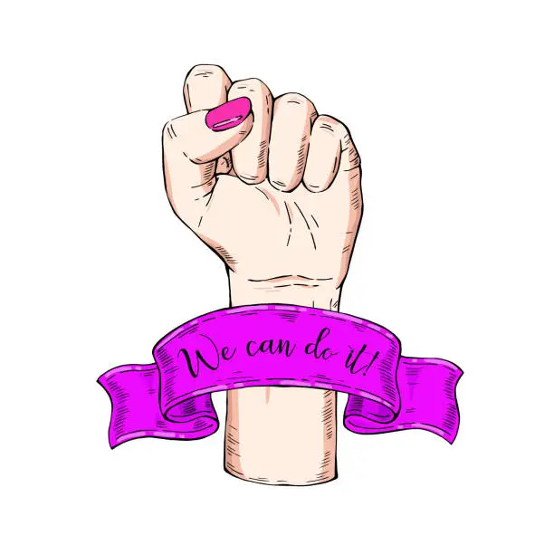 Vector illustration of Vector hand-drawn purple, violet, lilac background, sketch illustration. Template for printing, advertising, poster, poster, web design. Female hand with fist raised up. Symbol feminism. We can do it