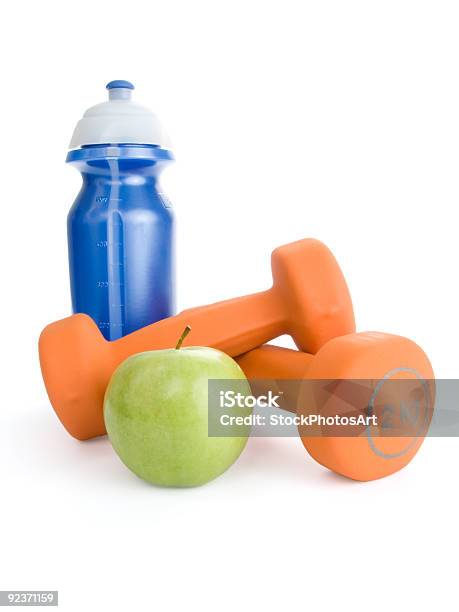 Fitness Dumbbell Water Bottle And Apple Stock Photo - Download Image Now - Bottle, Weights, White Background