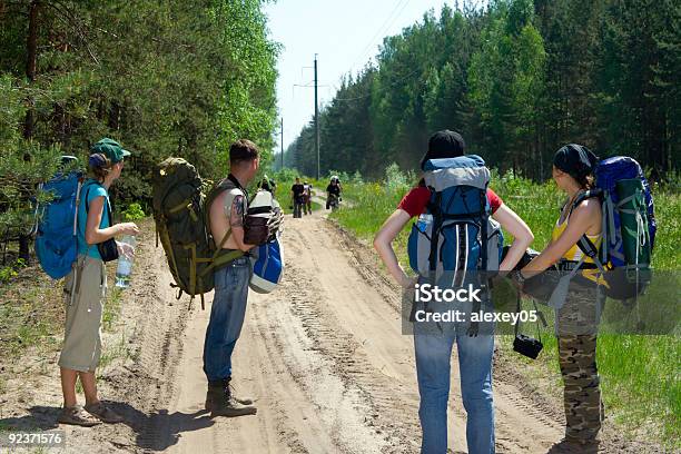 Tourists At Wood Stock Photo - Download Image Now - Backpack, Group Of People, Nature